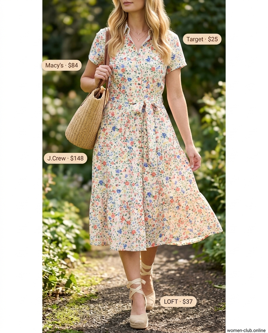 Pastel floral shirt dress for women 2026, romantic summer brunch outfit.