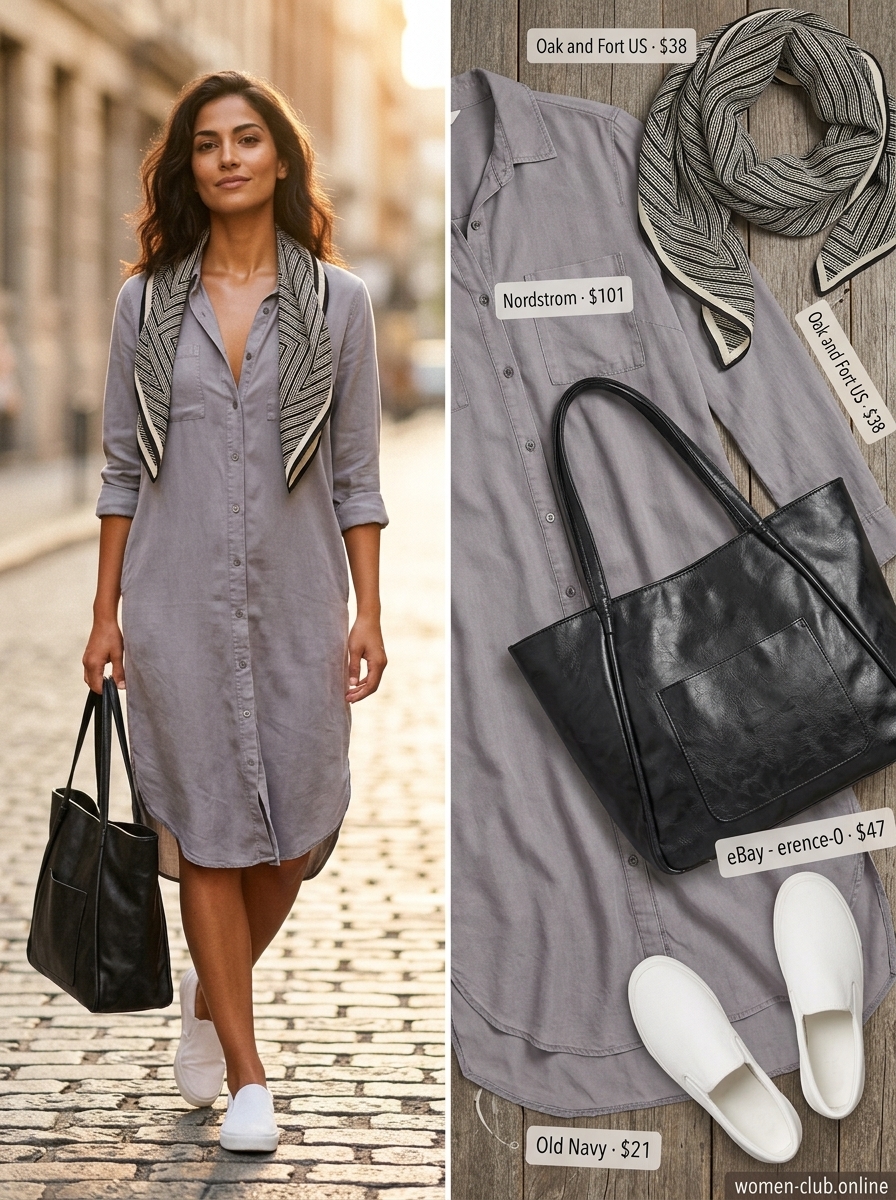 Light grey oversized shirt dress for women 2026, comfortable travel outfit.