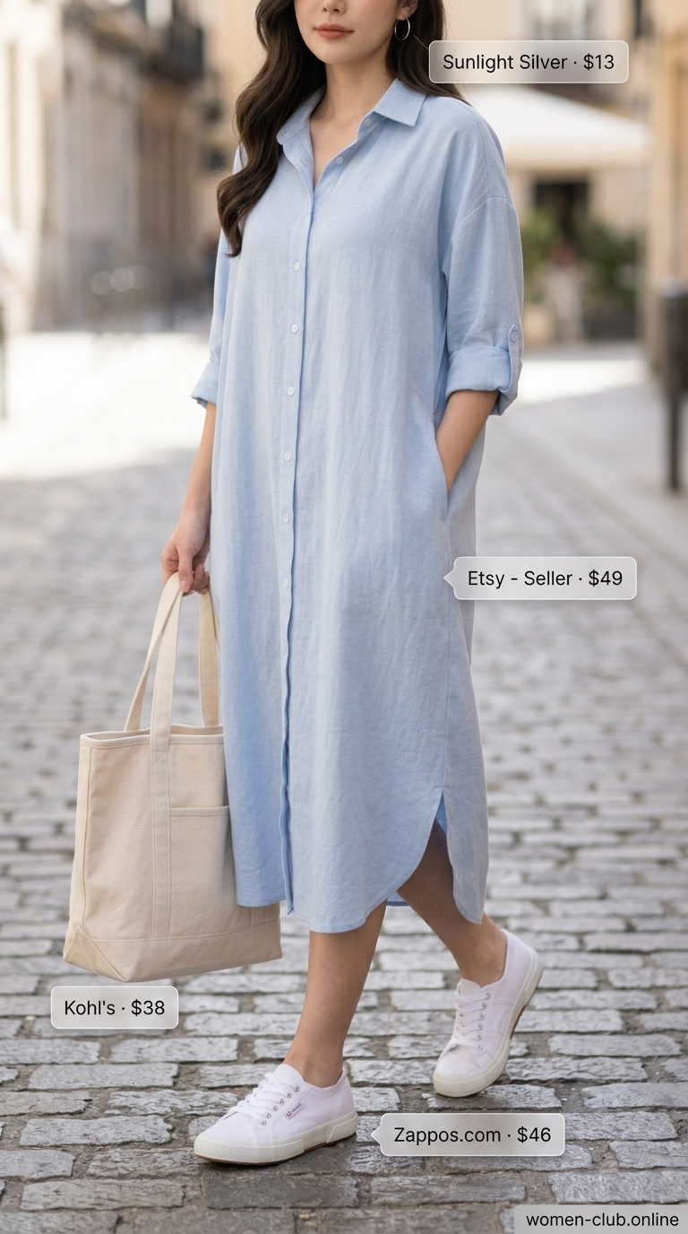 Sky blue linen shirt dress for women 2026, casual beach walk outfit.