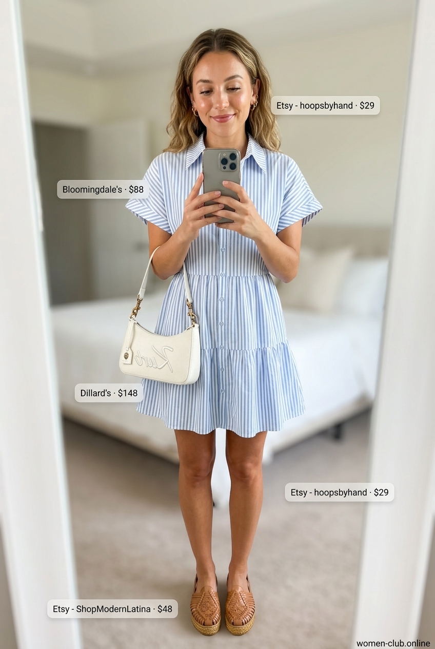 Navy and white stripe shirt dress for women 2026, coastal getaway outfit.