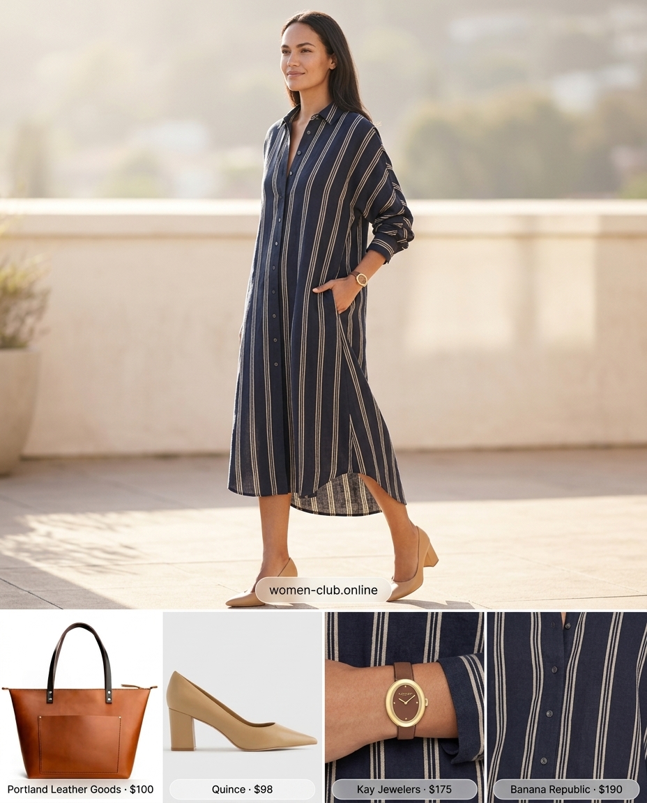 Navy and white stripe shirt dress for women 2026, sophisticated daytime event outfit.