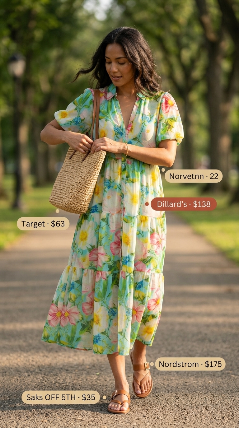 Floral print midi shirt dress for women 2026, great for picnics and day outs. Styled with flat sandals and a straw tote bag.