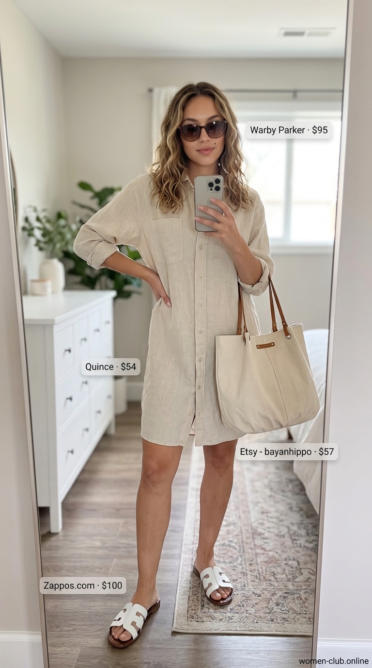 Beige linen shirt dress for women 2026, perfect for weekend outings and travel. Styled with flat sandals and an oversized tote bag.