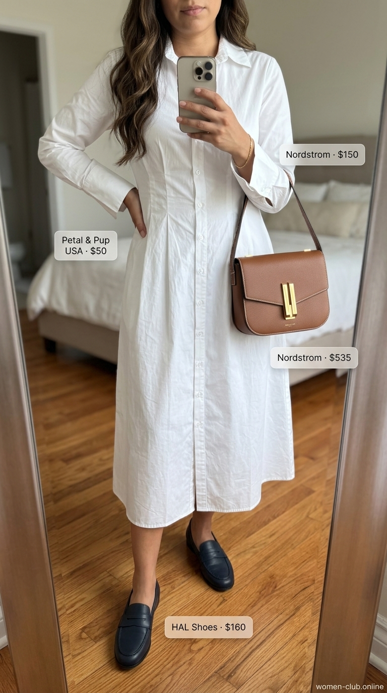 White button-down shirt dress for women 2026, chic city explorer outfit.