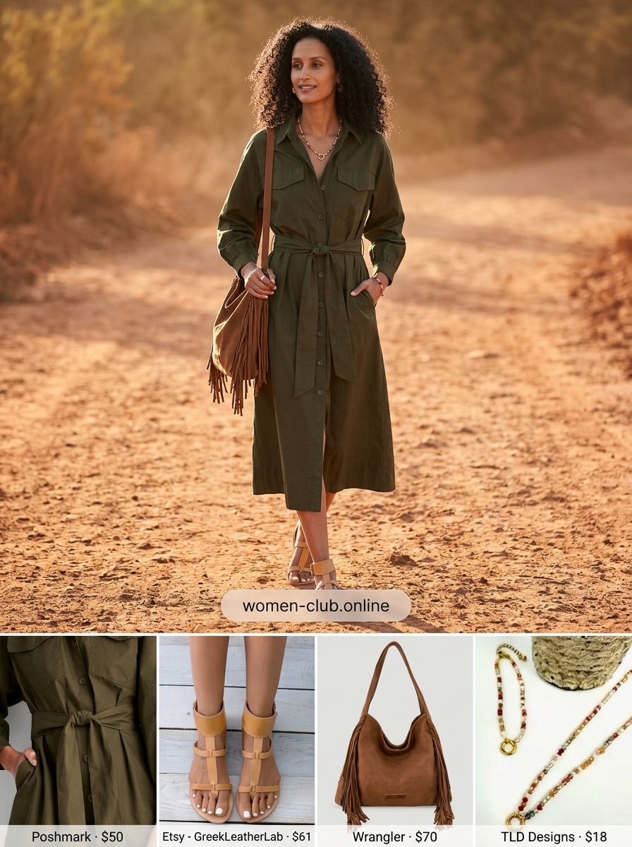 Boho olive green maxi shirt dress for women 2026, styled with gladiator sandals and layered jewelry for festivals.