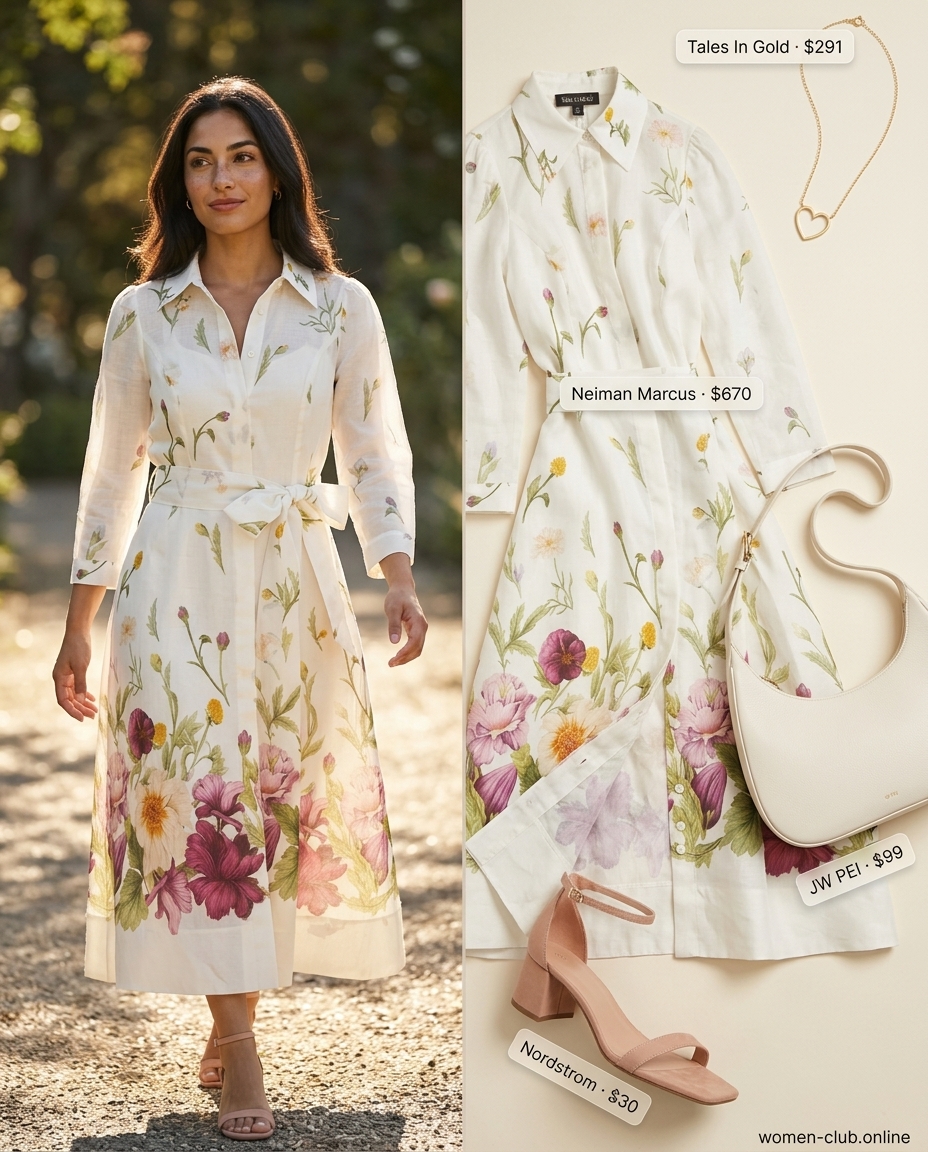 Elegant pastel floral shirt dress for women 2026, perfect for garden parties with block heels and a structured bag.