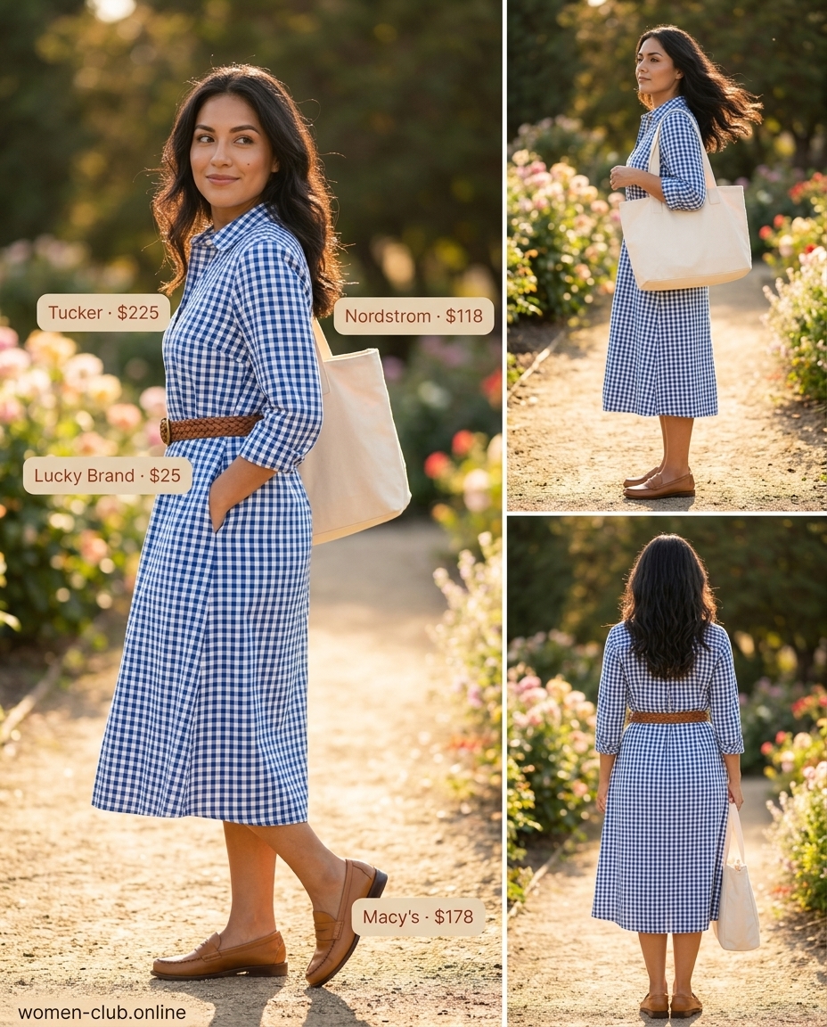 Classic pastel blue gingham shirt dress for women 2026, styled with loafers and a tote for outdoor events.