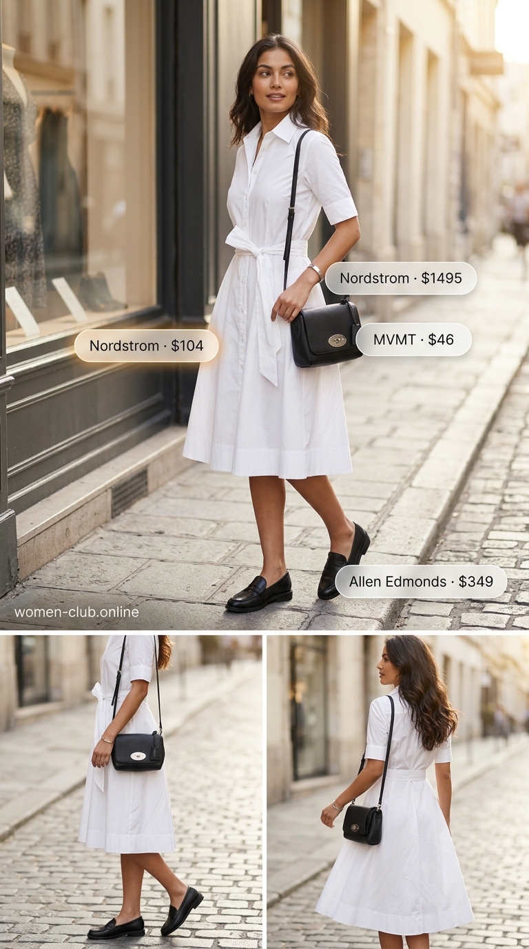 Chic white cotton shirt dress for women 2026, styled with black loafers and crossbody bag for city exploration.