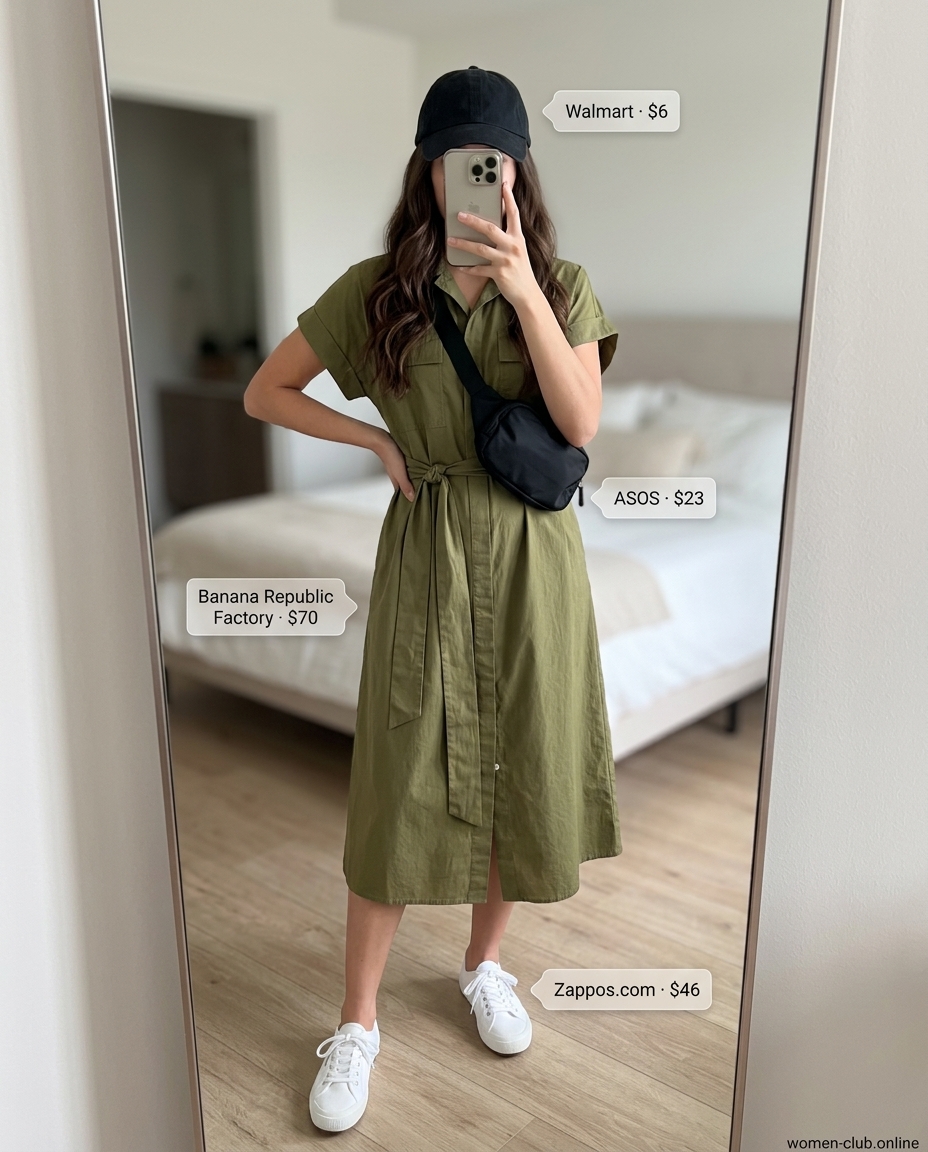 Cool olive green utility shirt dress for women 2026, styled with sneakers and a belt bag for city errands.