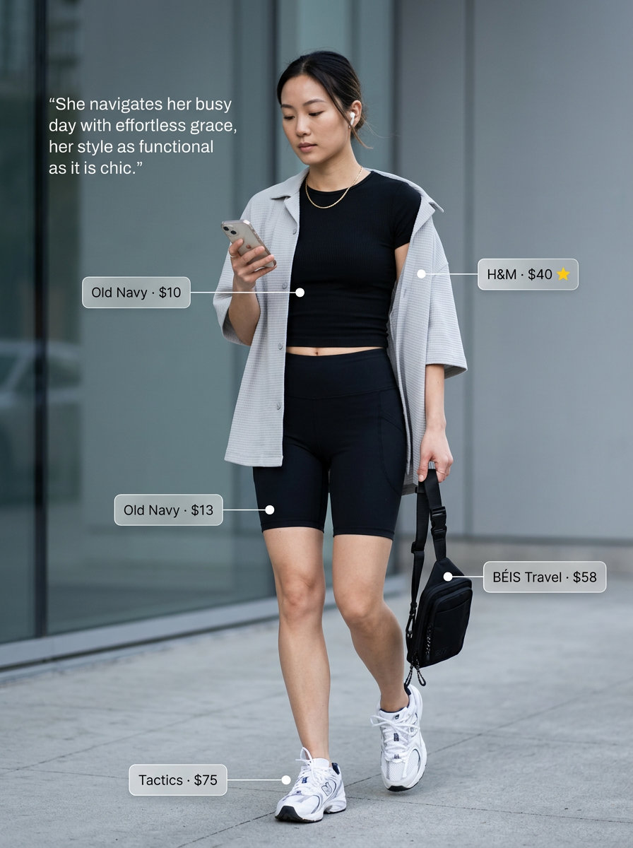 Athleisure outfit with biker shorts, oversized button-down, grey short sleeve t-shirt, and belt bag for women 2026.