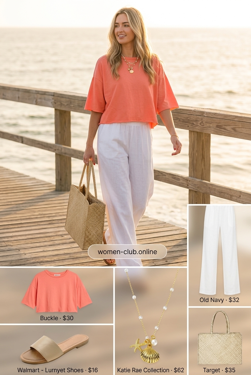 Coral short sleeve t-shirt with white linen pants for relaxed sunset beach vibes.