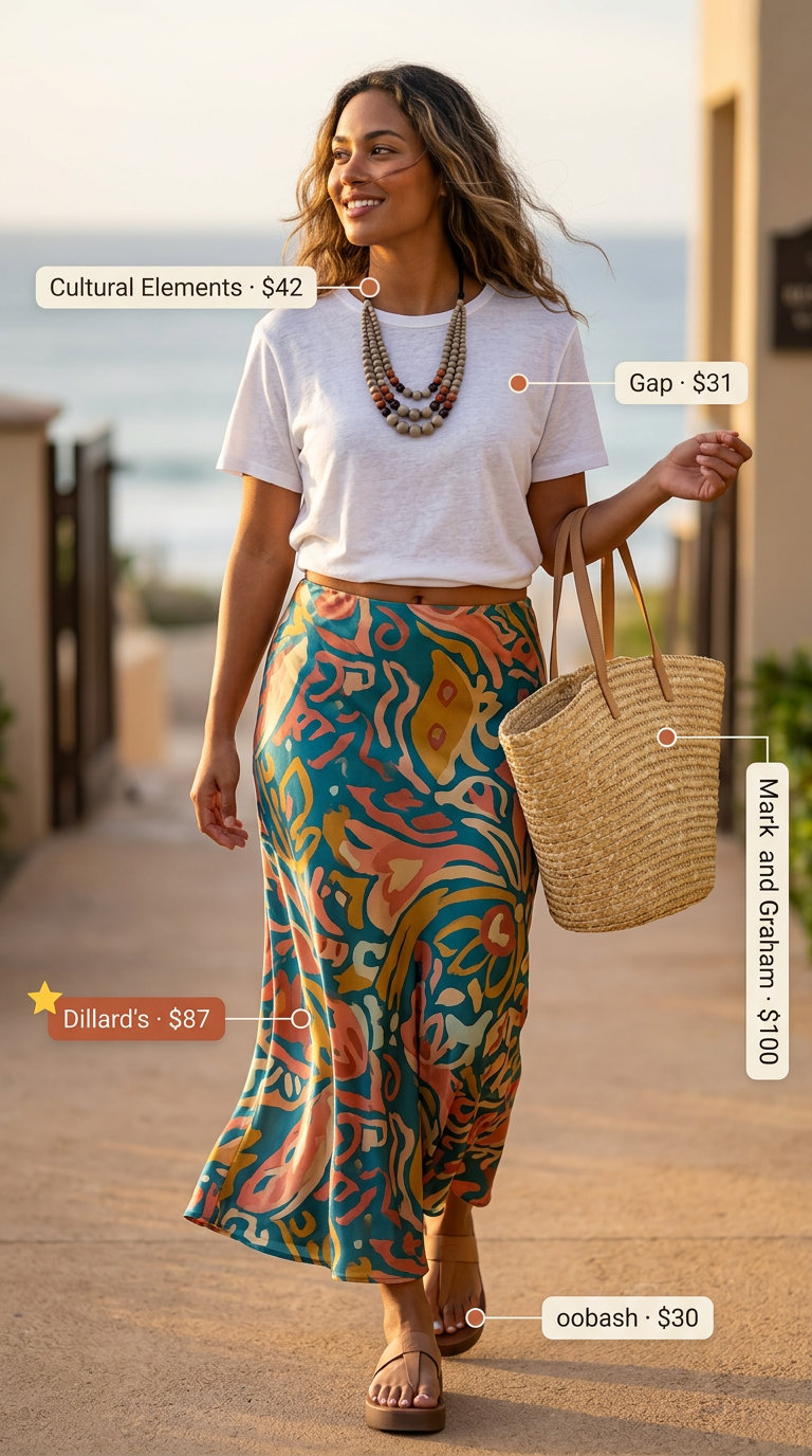 Boho beach getaway outfit with maxi skirt, white short sleeve t-shirt, leather sandals, and straw tote for women 2026.