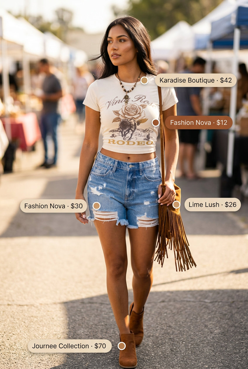 Boho festival outfit with a graphic crop tee, denim shorts, and suede boots. Summer Short Sleeve T Shirts for women 2026.