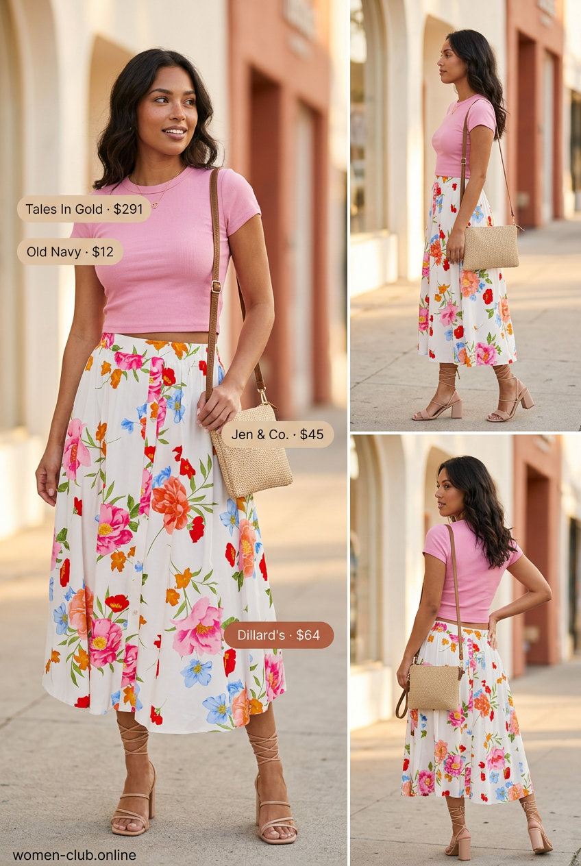 Blush pink short sleeve t-shirt with a floral midi skirt for a sweet weekend brunch outfit.