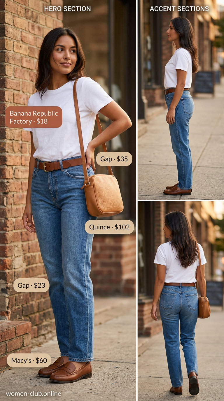 White short sleeve t-shirt with straight-leg jeans for a classic summer casual look.