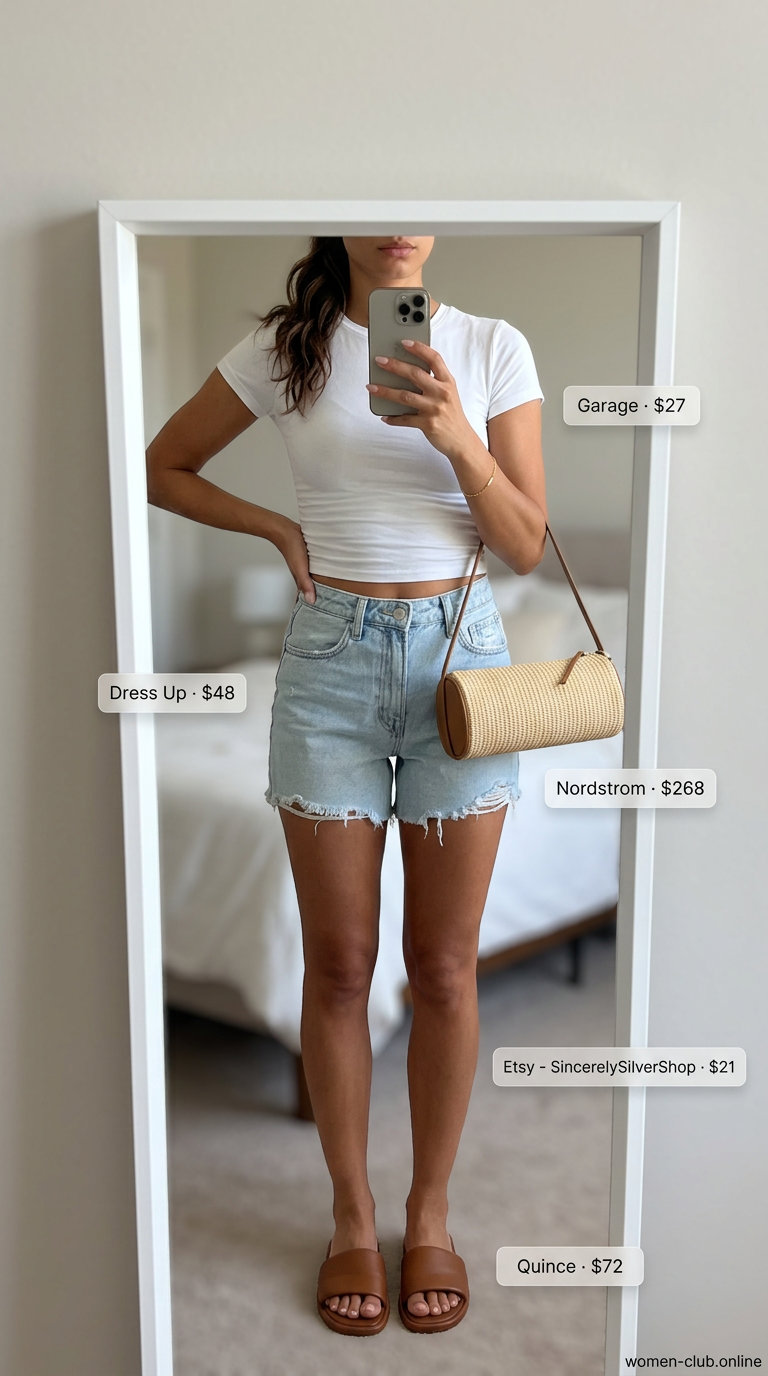 Relaxed coastal breeze outfit with a white cropped t-shirt, denim shorts, and slide sandals. Summer Short Sleeve T Shirts for women 2026.