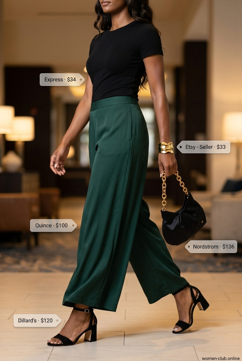 Elegant evening outfit with palazzo pants, black t-shirt, block heels, and clutch for women 2026.