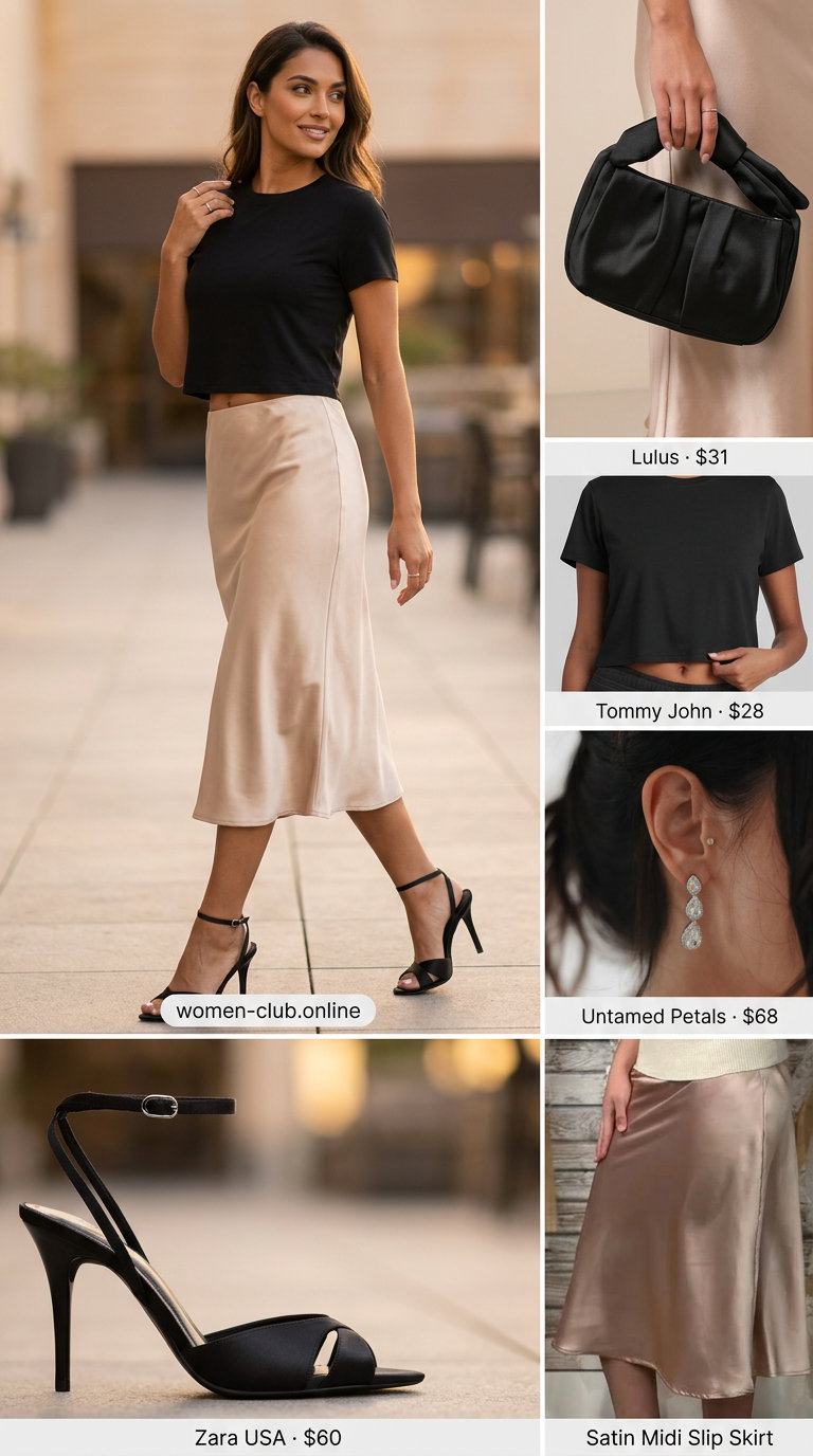 Elegant evening outfit with cropped short sleeve t-shirt, champagne satin skirt, and strappy heels for women 2026.