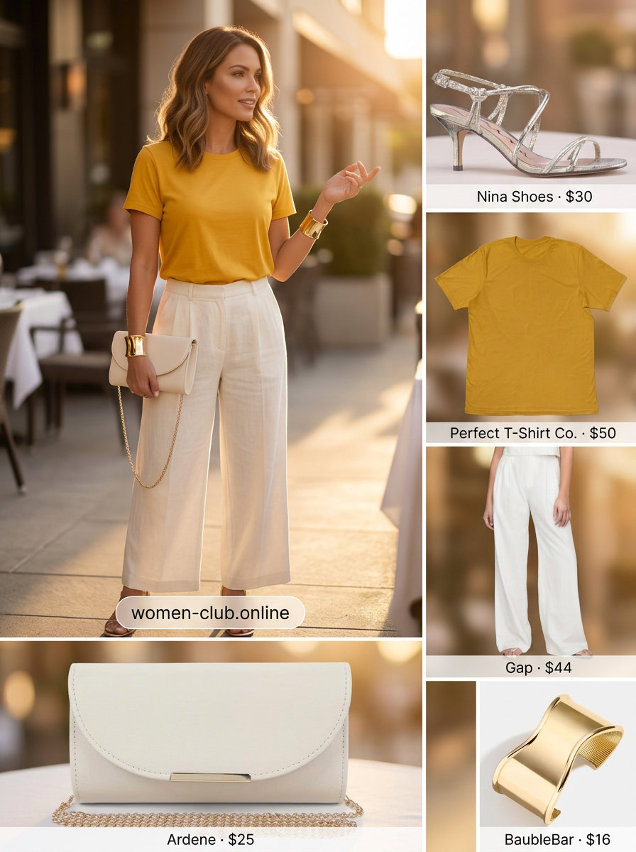 Mustard yellow short sleeve t-shirt with cream linen pants for a chic summer evening out.
