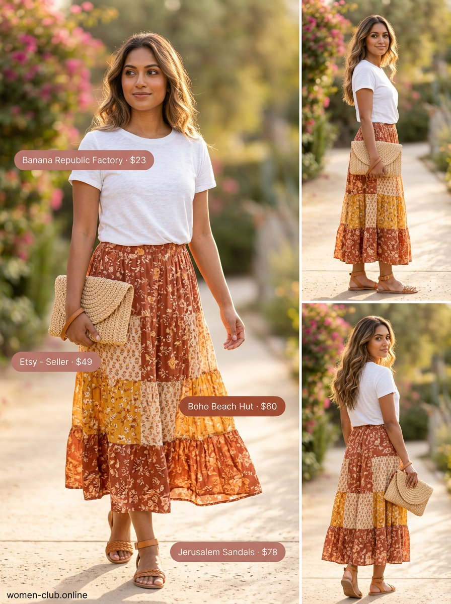 Olive green short sleeve t-shirt with a floral maxi skirt for a bohemian garden party.