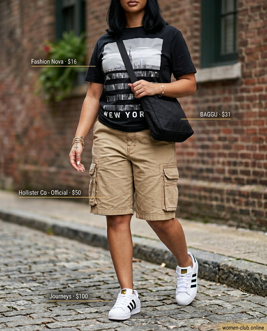Weekend wanderer outfit with graphic t-shirt, khaki cargo shorts, sneakers, and baseball cap for women 2026.