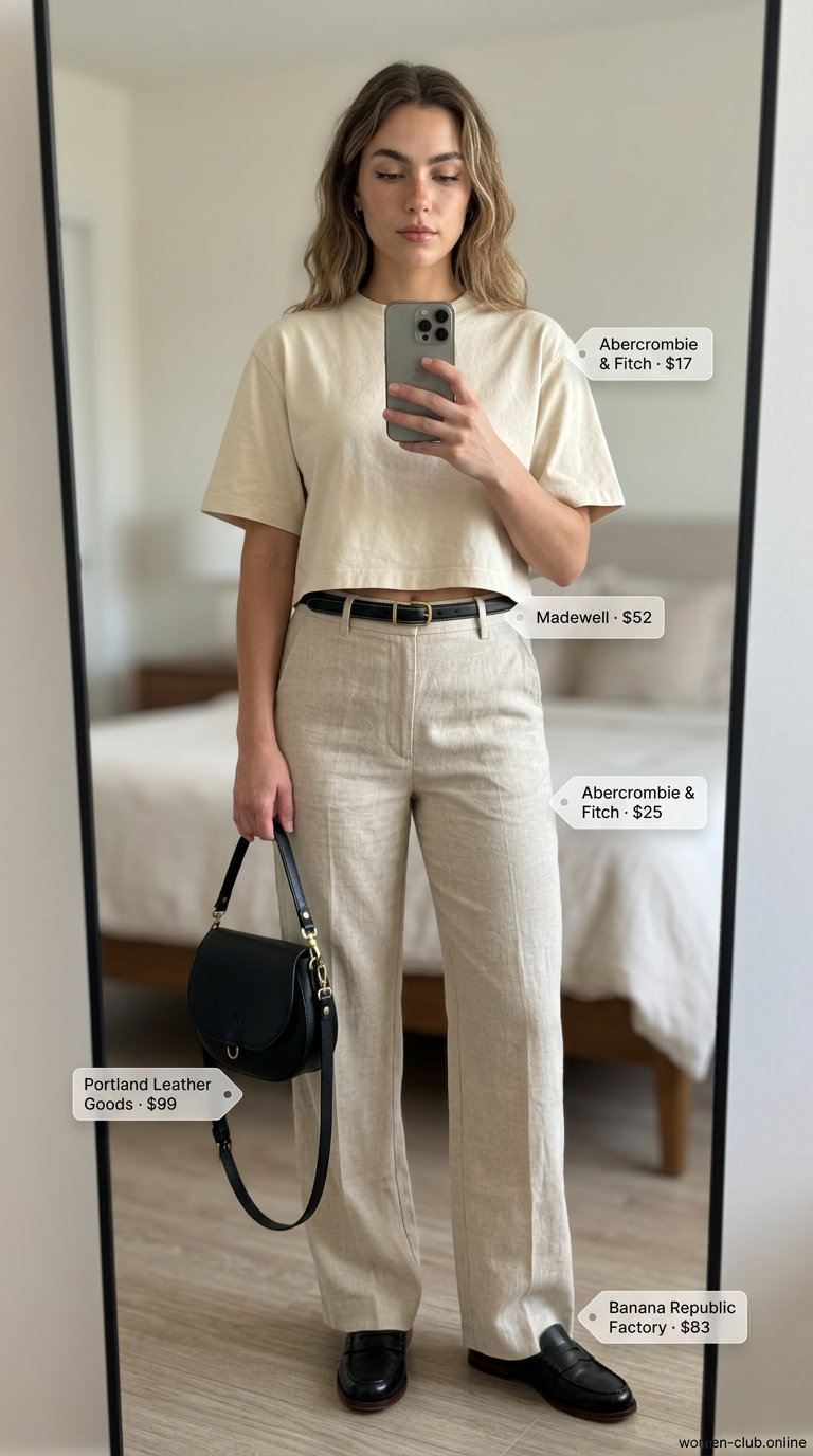 Minimalist outfit with a cream cropped t-shirt, beige wide-leg trousers, and loafers. Summer Short Sleeve T Shirts for women 2026.