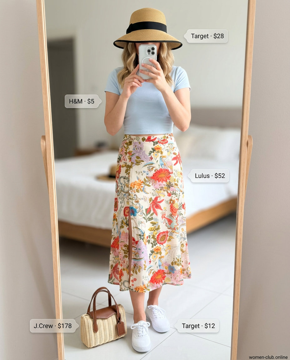 Sweet pastel picnic outfit with a pale blue cropped t-shirt, floral midi skirt, and straw hat. Summer Short Sleeve T Shirts for women 2026.