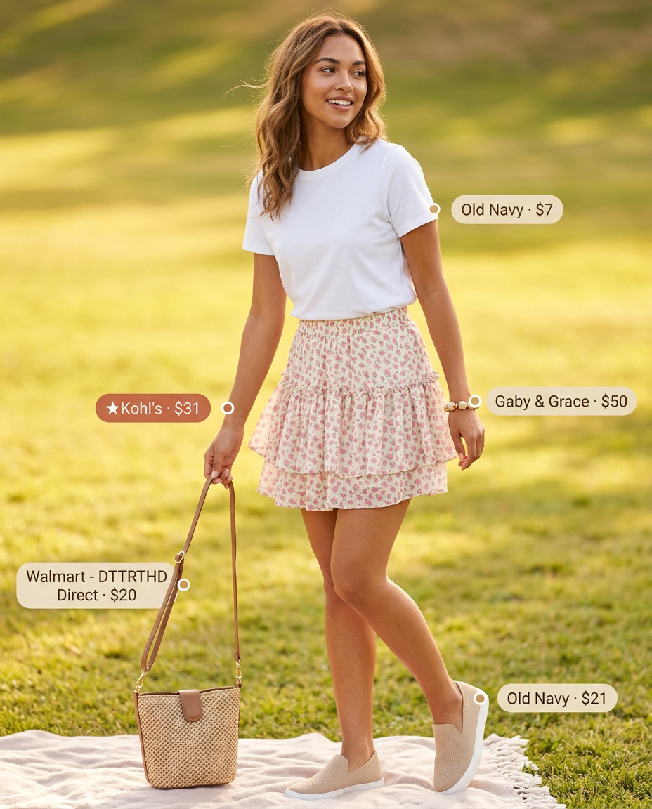Playful picnic outfit with floral skirt, white short sleeve t-shirt, canvas sneakers, and straw bag for women 2026.