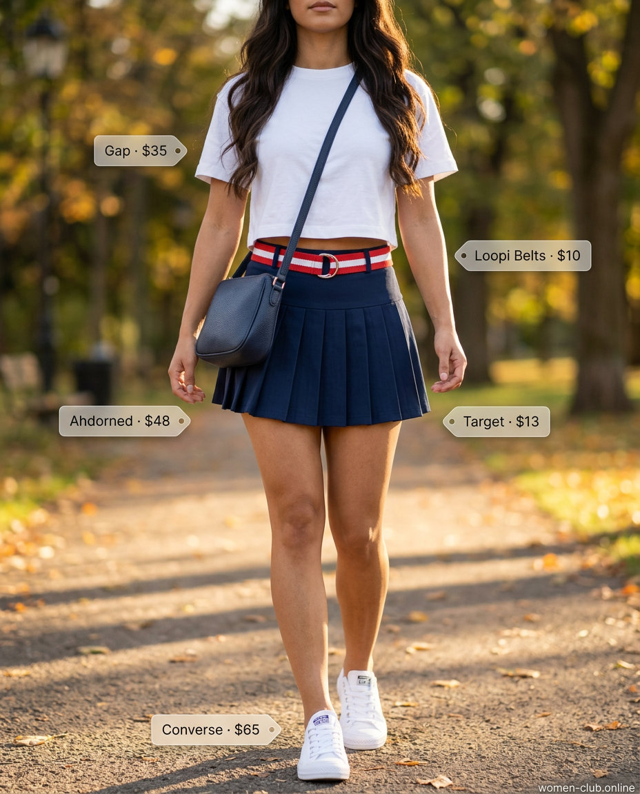 Preppy outfit with a white cropped t-shirt, navy pleated skirt, and sneakers. Summer Short Sleeve T Shirts for women 2026.