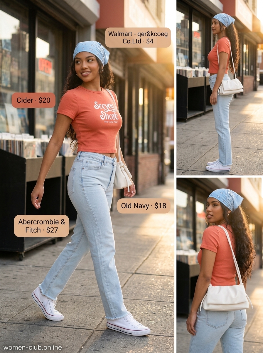 Retro graphic tee outfit with a coral cropped t-shirt, light wash jeans, and sneakers. Summer Short Sleeve T Shirts for women 2026.