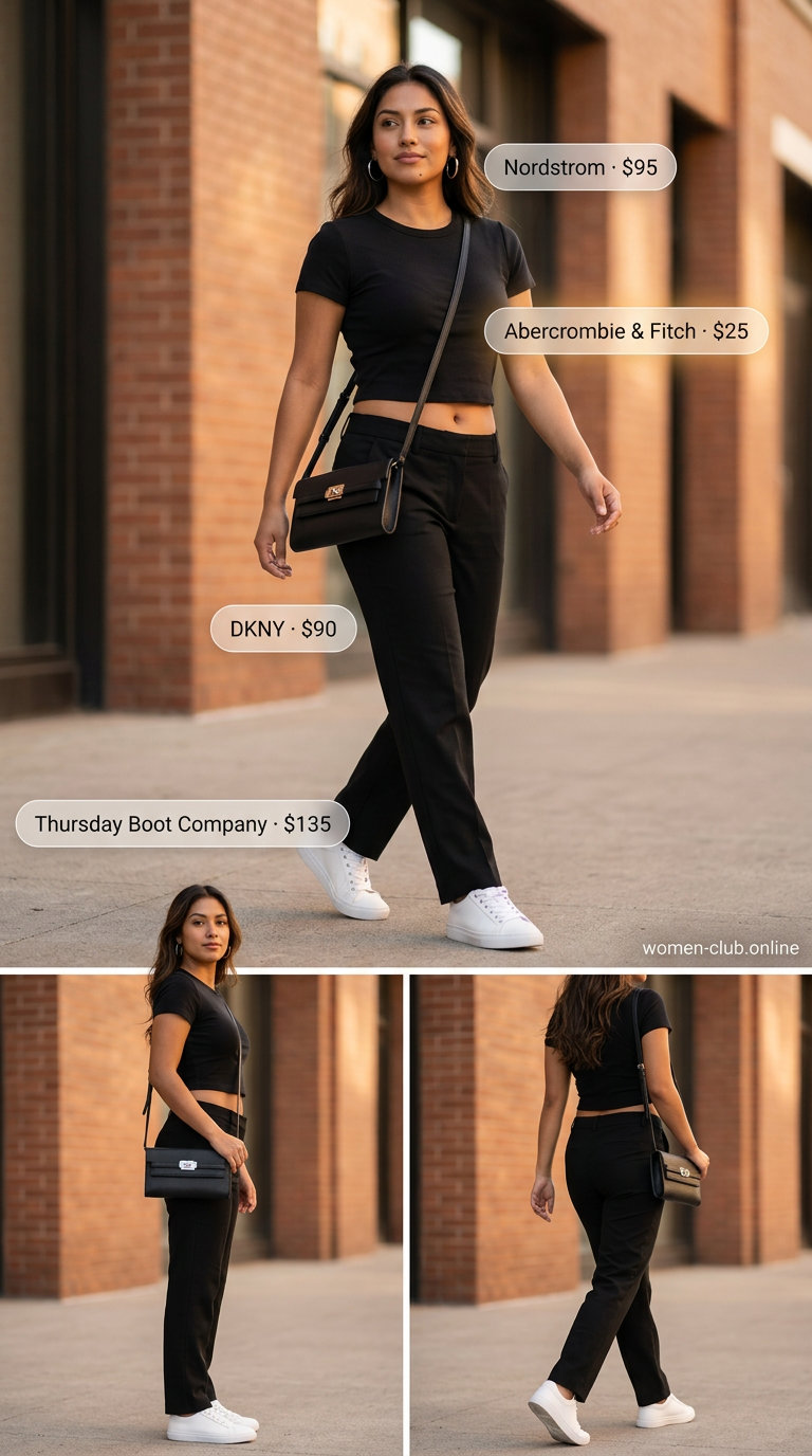Black cropped short sleeve t-shirt with wide-leg pants for urban exploration style.