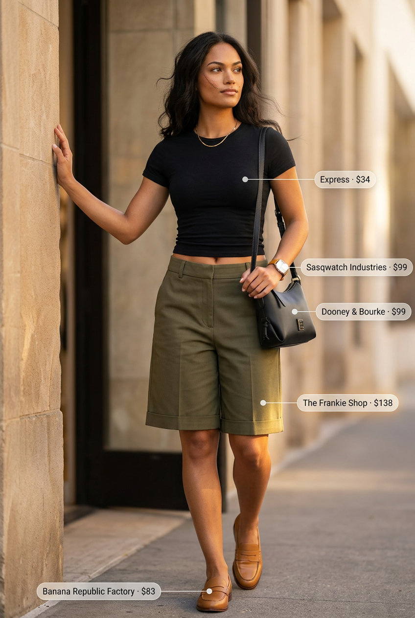 Chic urban outfit with a black fitted t-shirt, olive Bermuda shorts, and loafers. Summer Short Sleeve T Shirts for women 2026.
