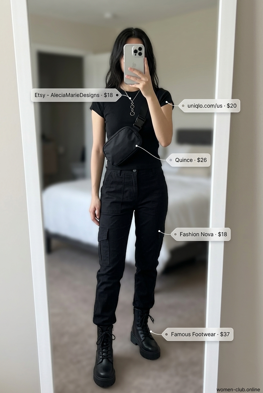 Edgy urban explorer outfit featuring a black mini t-shirt, cargo pants, and combat boots. Summer Short Sleeve T Shirts for women 2026.