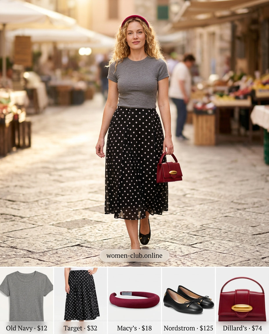 Light grey short sleeve t-shirt with a black and white polka dot midi skirt for vintage summer style.