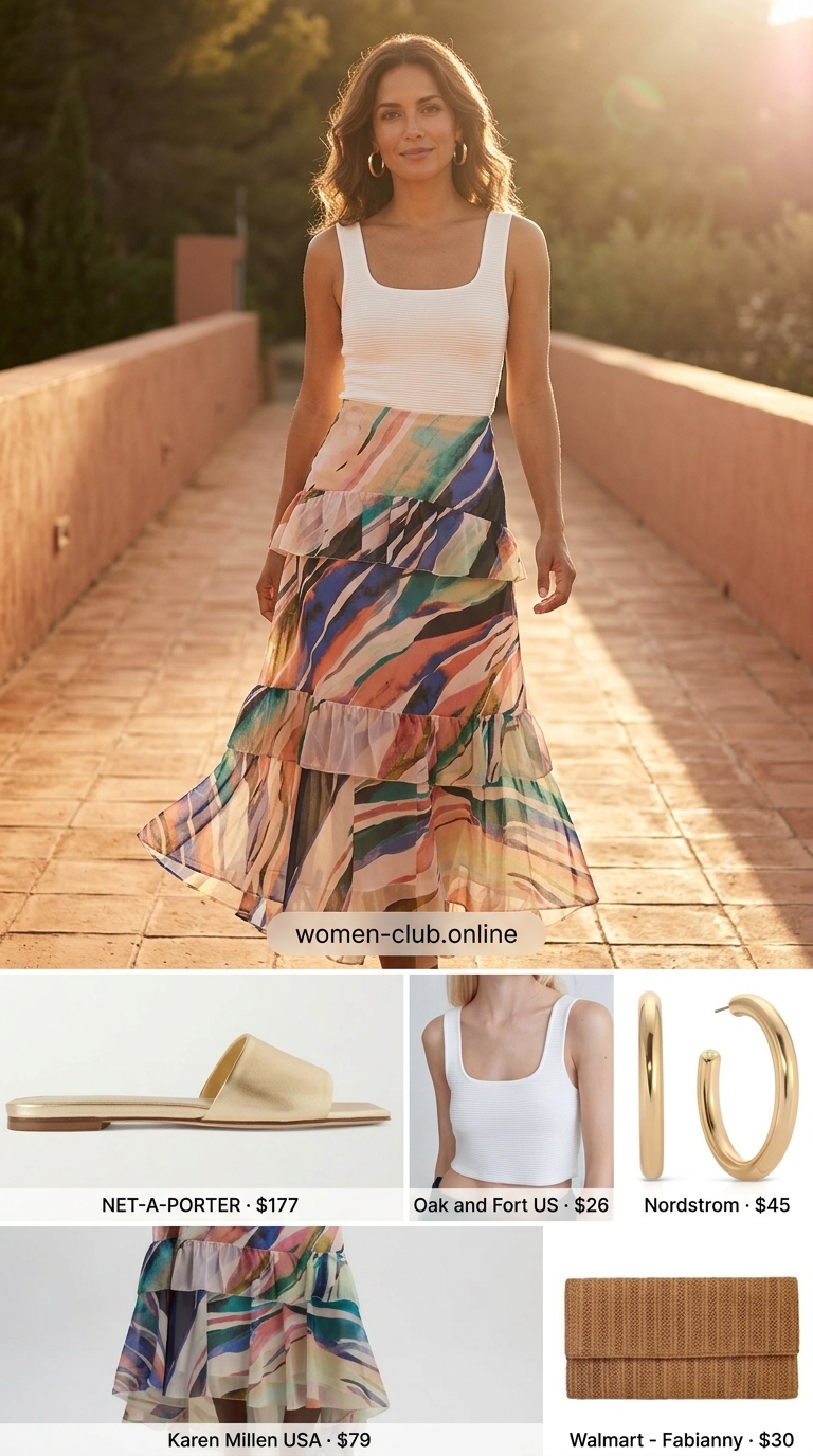 Artistic Resort Escape Summer Skirt Outfits for Women 2026 Artistic Resort Escape: Terracotta abstract print maxi skirt, cream knit top, gold slides. Summer skirt outfits for women 2026.