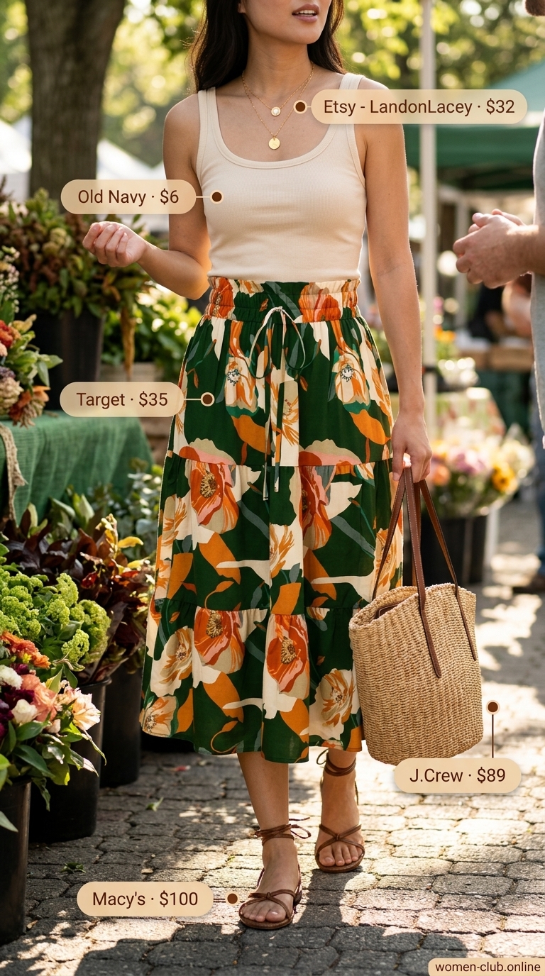 Bohemian Festival Skirt Outfits for Women 2026 Pink floral tiered midi skirt outfit for women 2026, perfect for bohemian festivals and summer markets.