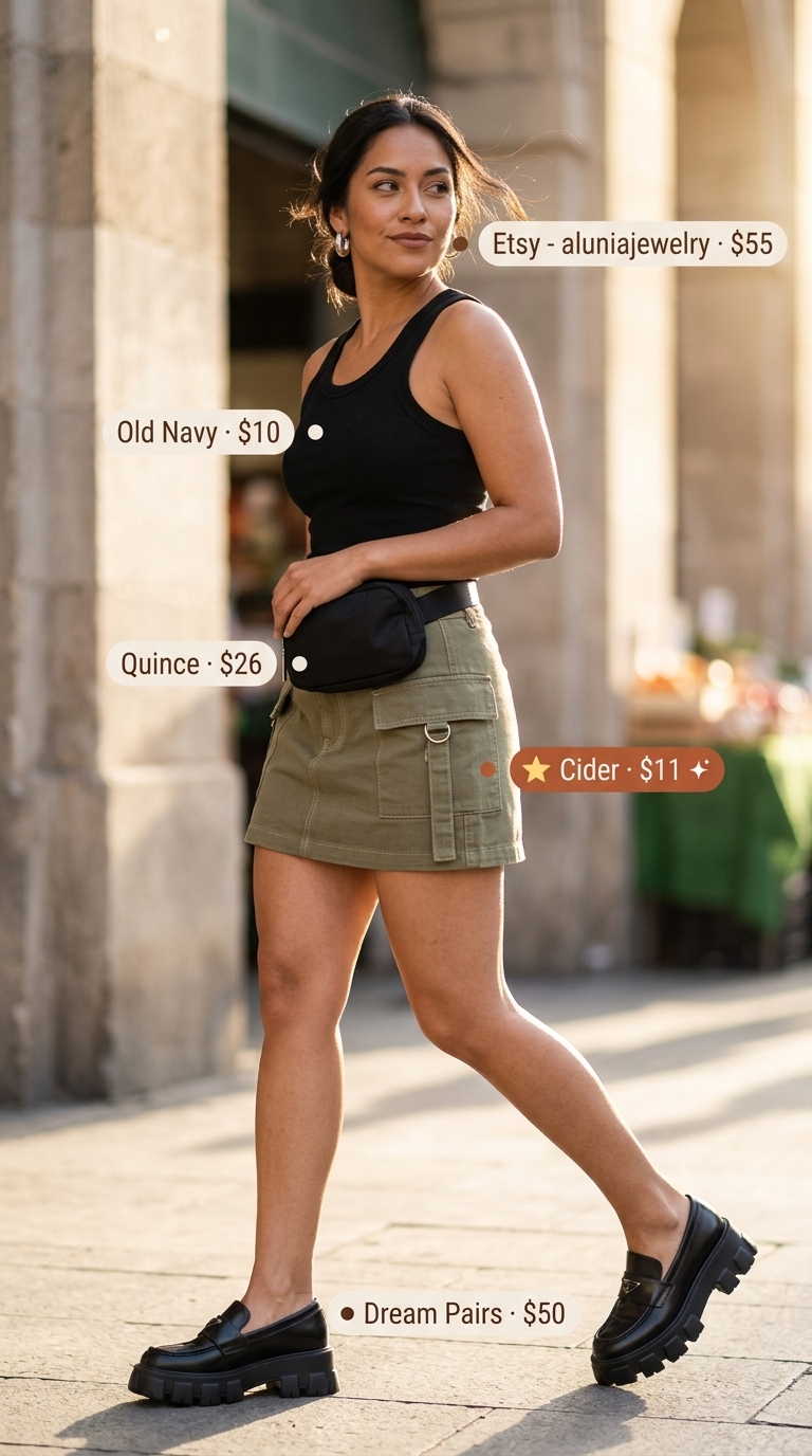 City Safari Adventure Summer Skirt Outfits for Women 2026 City Safari Adventure: Khaki utility skirt, black tank, platform loafers. Summer skirt outfits for women 2026.