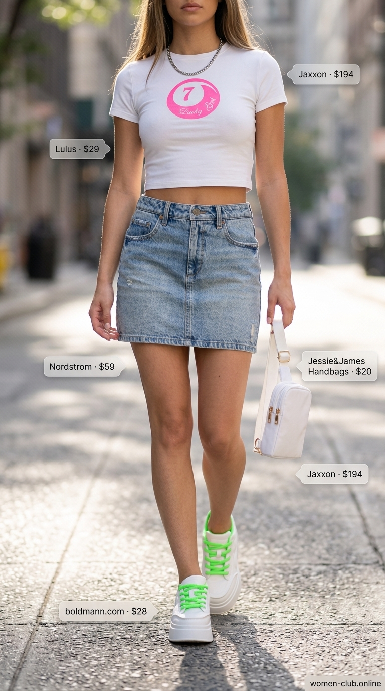 Cool Girl Concert Vibe Summer Skirt Outfits for Women 2026 Cool Girl Concert Vibe: Denim mini skirt, graphic tee, neon sneakers. Summer skirt outfits for women 2026.