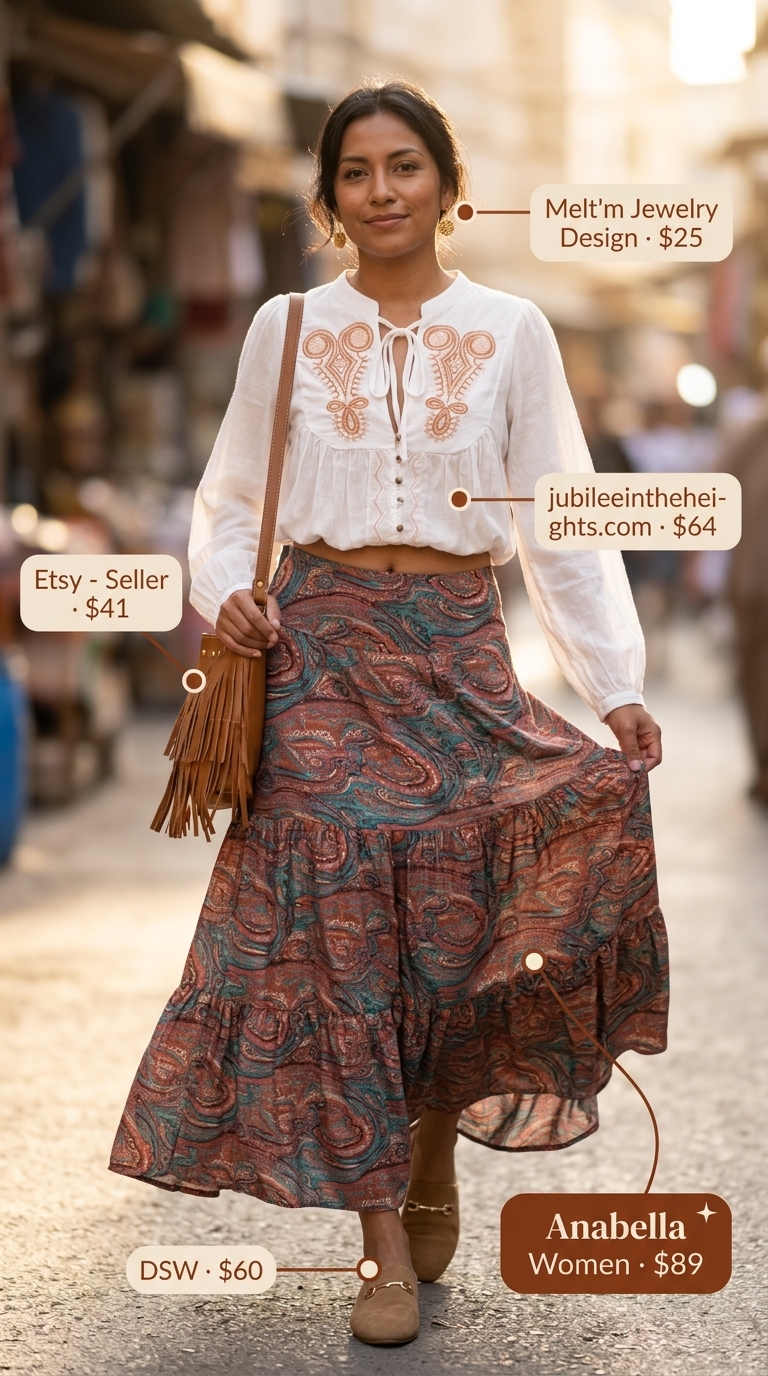 Free-Spirited Festival Dreams Summer Skirt Outfits for Women 2026 Free-Spirited Festival Dreams: Paisley maxi skirt, peasant blouse, fringe bag. Summer skirt outfits for women 2026.