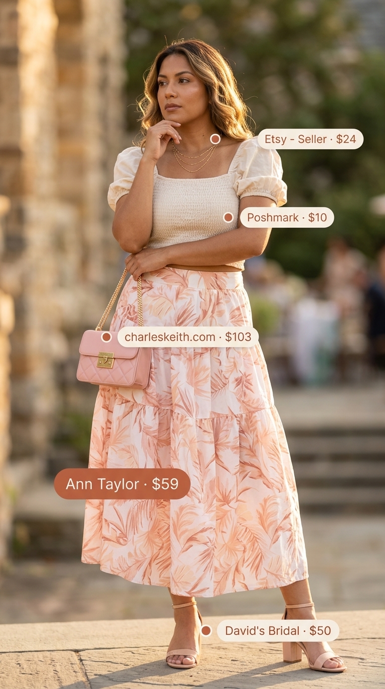 Romantic Garden Skirt Outfits for Women 2026 Soft pink floral maxi skirt outfit for women 2026, perfect for garden parties and outdoor weddings.