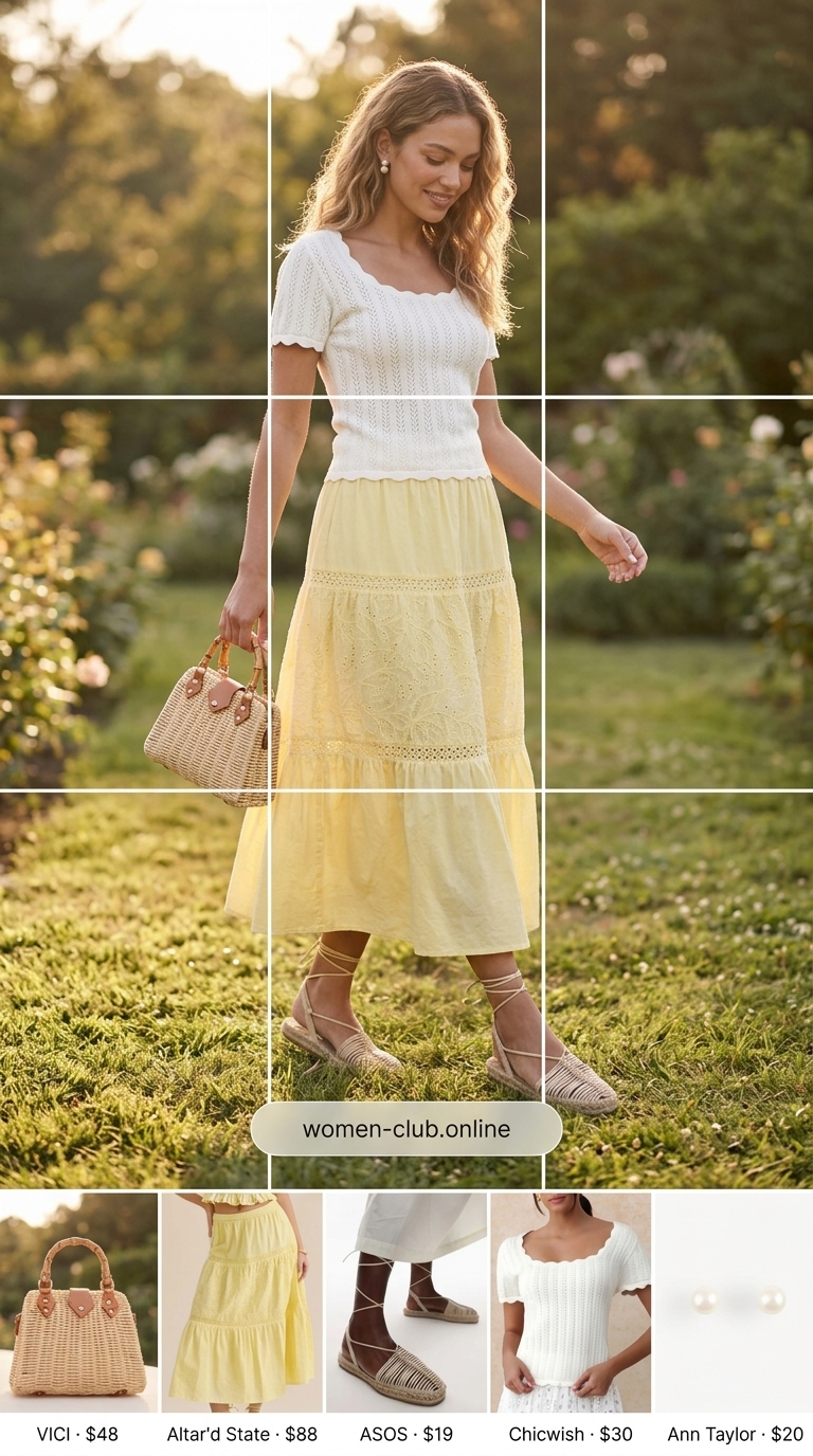 Sweet Soiree Skirt Outfits for Women 2026 Pastel yellow eyelet midi skirt outfit for women 2026, perfect for garden parties and summer soirees.