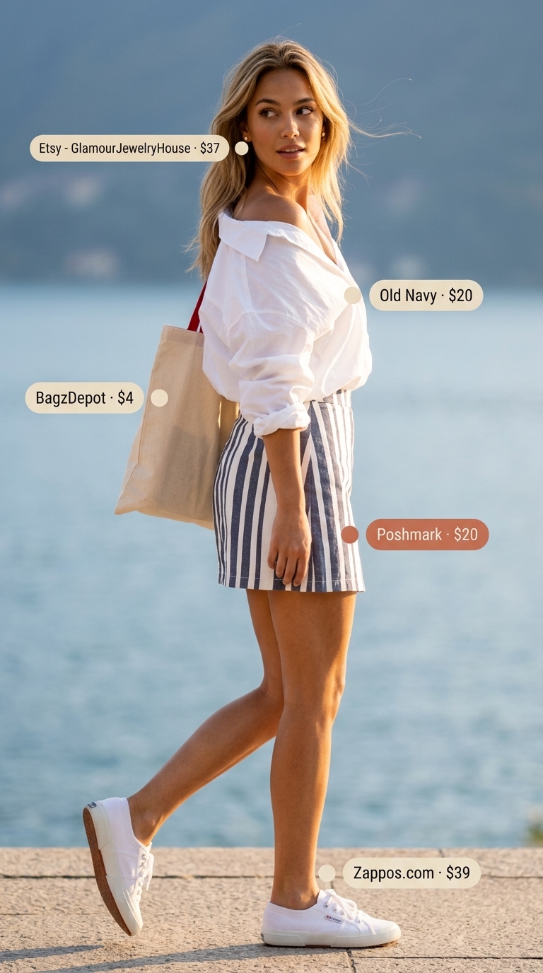 Preppy Lakeside Skirt Outfits for Women 2026 Navy stripe mini skirt outfit for women 2026, perfect for lakeside gatherings and casual weekends.