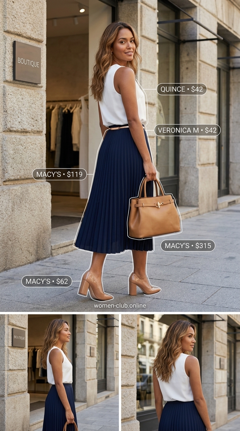 Polished Office Skirt Outfits for Women 2026 Navy knife-pleat midi skirt outfit for women 2026, perfect for summer work and business casual events.