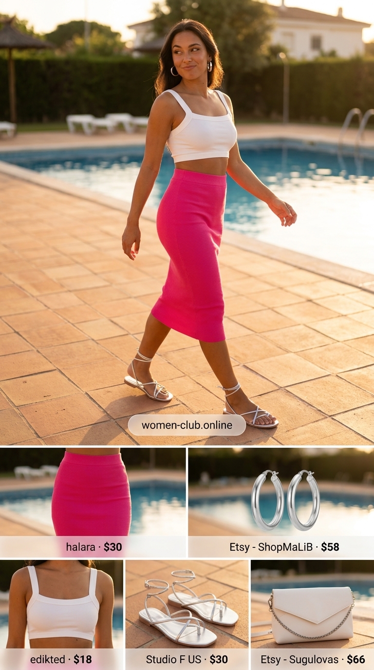 Vibrant Poolside Skirt Outfits for Women 2026 Hot pink ribbed knit midi skirt outfit for women 2026, perfect for pool parties and summer festivals.