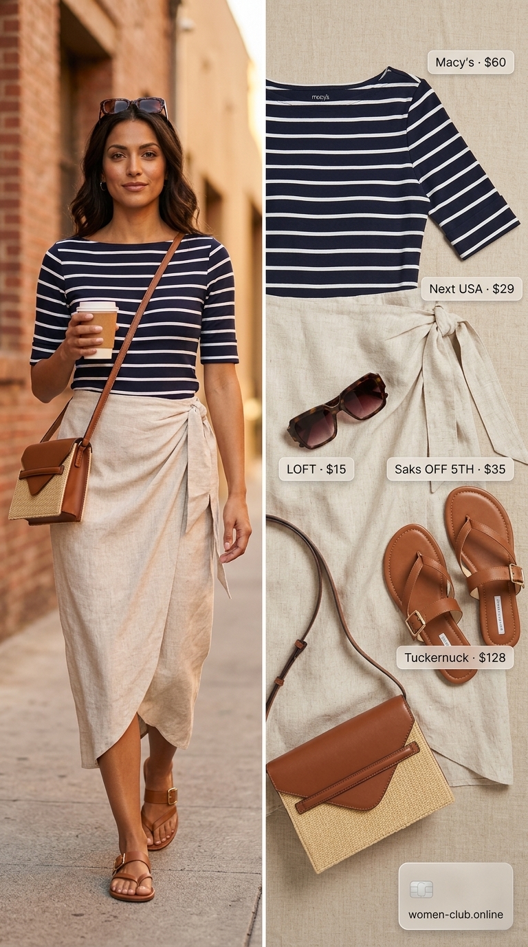 Linen Skirt Outfits for Women 2026 | Lakeside Chic Style Natural beige linen wrap midi skirt with navy stripes for summer skirt outfits for women 2026.