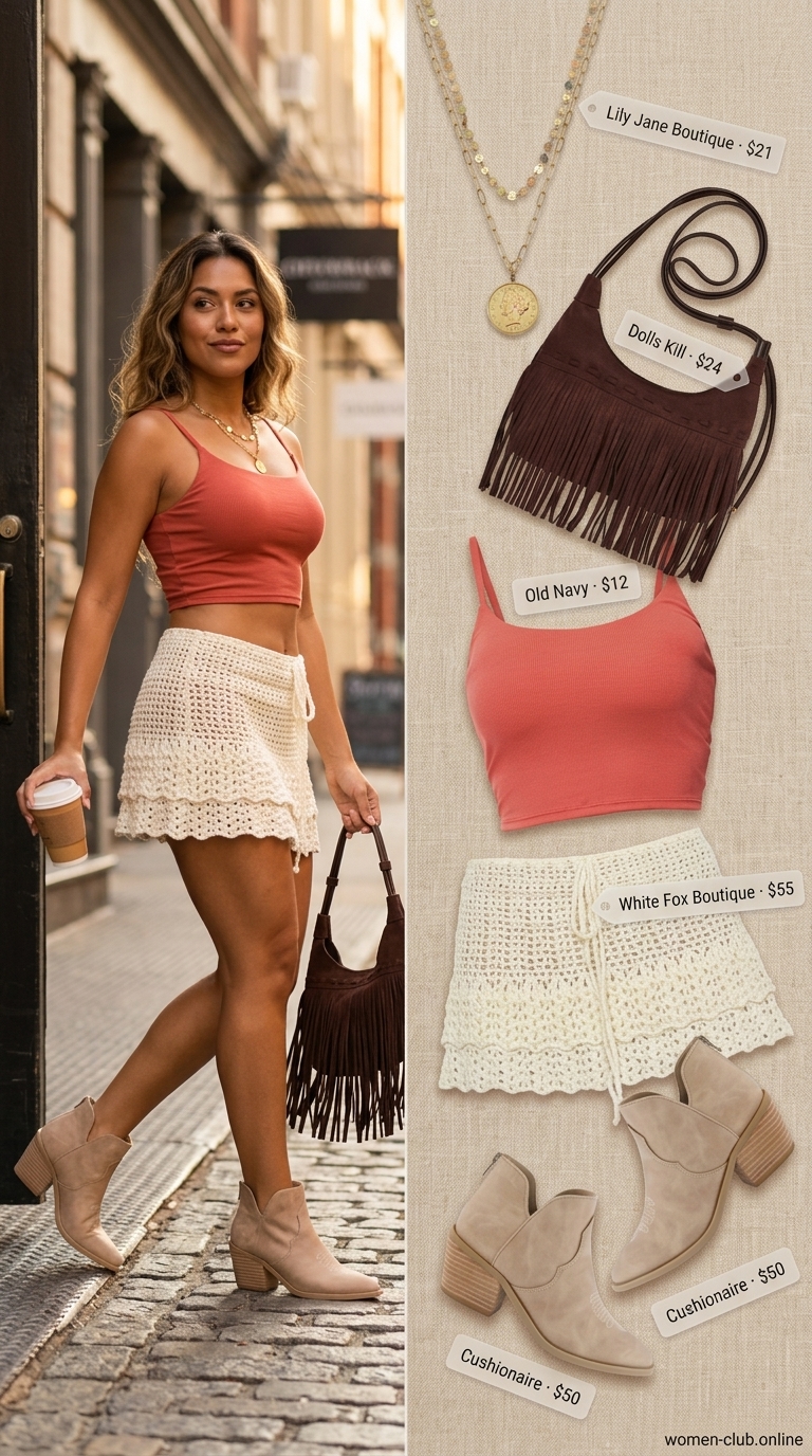Crochet Skirt Outfits for Women 2026 | Festival Style Off-white crochet mini skirt with rust crop top & suede boots for summer skirt outfits for women 2026.