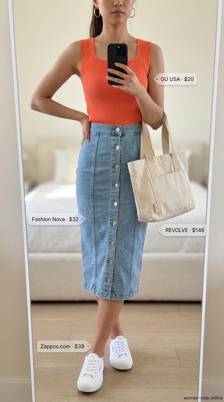 Denim Skirt Outfits for Women 2026 | Casual City Style Light wash denim midi skirt with coral knit top for summer skirt outfits for women 2026.
