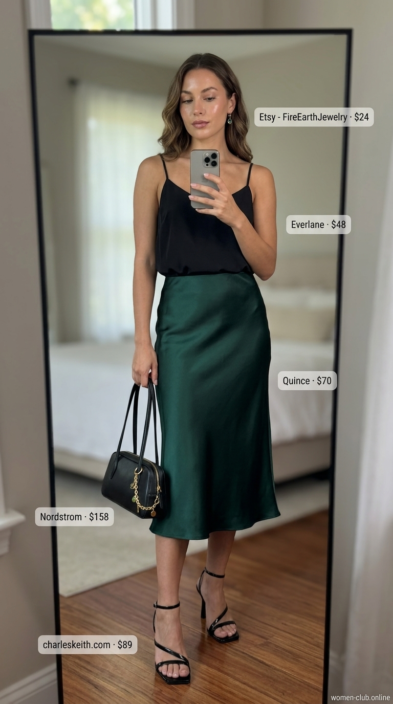 Emerald Satin Skirt Outfits for Women 2026 | Date Night Style Emerald green satin midi skirt with black camisole & gold earrings for summer skirt outfits for women 2026.