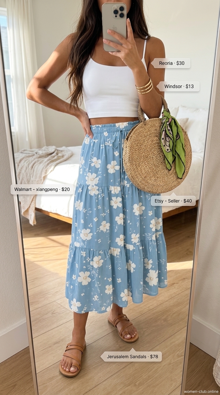 Boho Skirt Outfits for Women 2026 | Beach Vacation Style Sky blue floral maxi skirt with white camisole & straw tote for summer skirt outfits for women 2026.