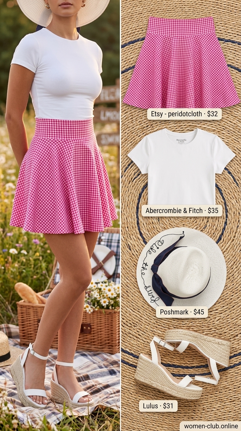 Gingham Skirt Outfits for Women 2026 | Picnic Style Pink gingham mini skirt with white tee & straw hat for summer skirt outfits for women 2026.